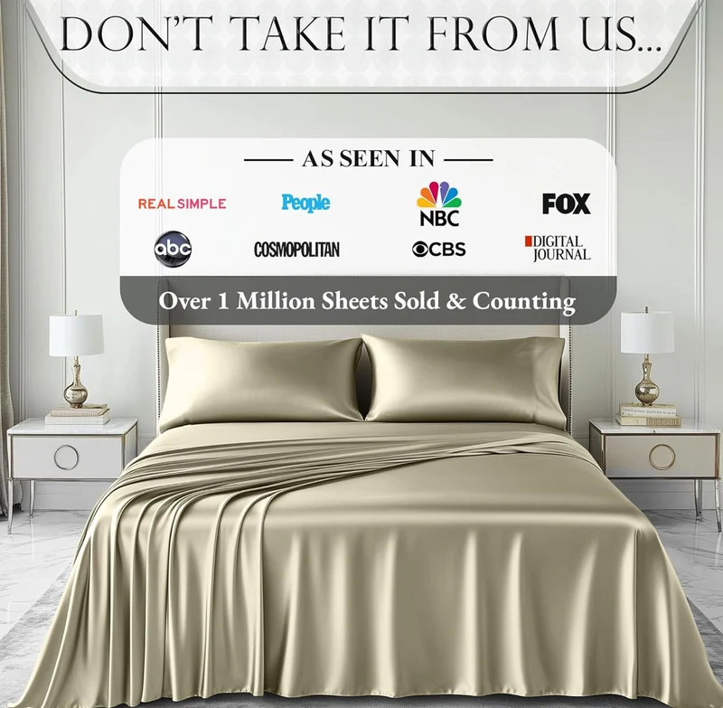 4PCS Luxury Silky Queen Size Bedding Set - Softer Than Silk, Wrinkle-Free with 15” Deep Pocket Fitted Sheet - (Champagne)