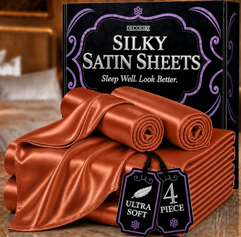 4PCS Luxury Silky Queen Size Bedding Set - Softer Than Silk, Wrinkle-Free with 15” Deep Pocket Fitted Sheet - (Burnt Orange)