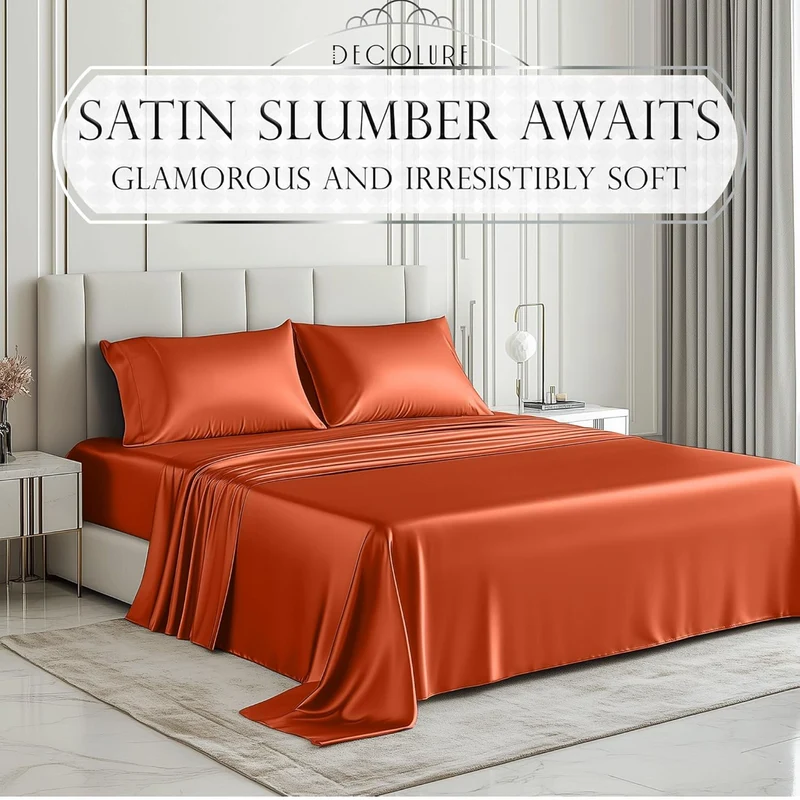 4PCS Luxury Silky Queen Size Bedding Set - Softer Than Silk, Wrinkle-Free with 15” Deep Pocket Fitted Sheet - (Burnt Orange)