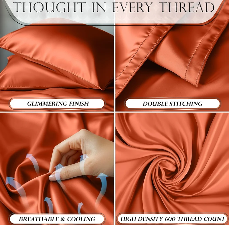 4PCS Luxury Silky Queen Size Bedding Set - Softer Than Silk, Wrinkle-Free with 15” Deep Pocket Fitted Sheet - (Burnt Orange)