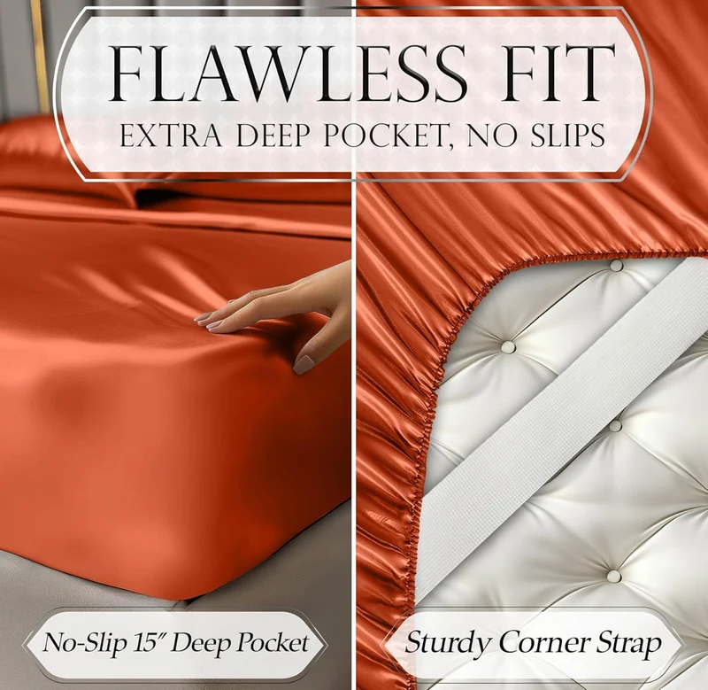 4PCS Luxury Silky Queen Size Bedding Set - Softer Than Silk, Wrinkle-Free with 15” Deep Pocket Fitted Sheet - (Burnt Orange)