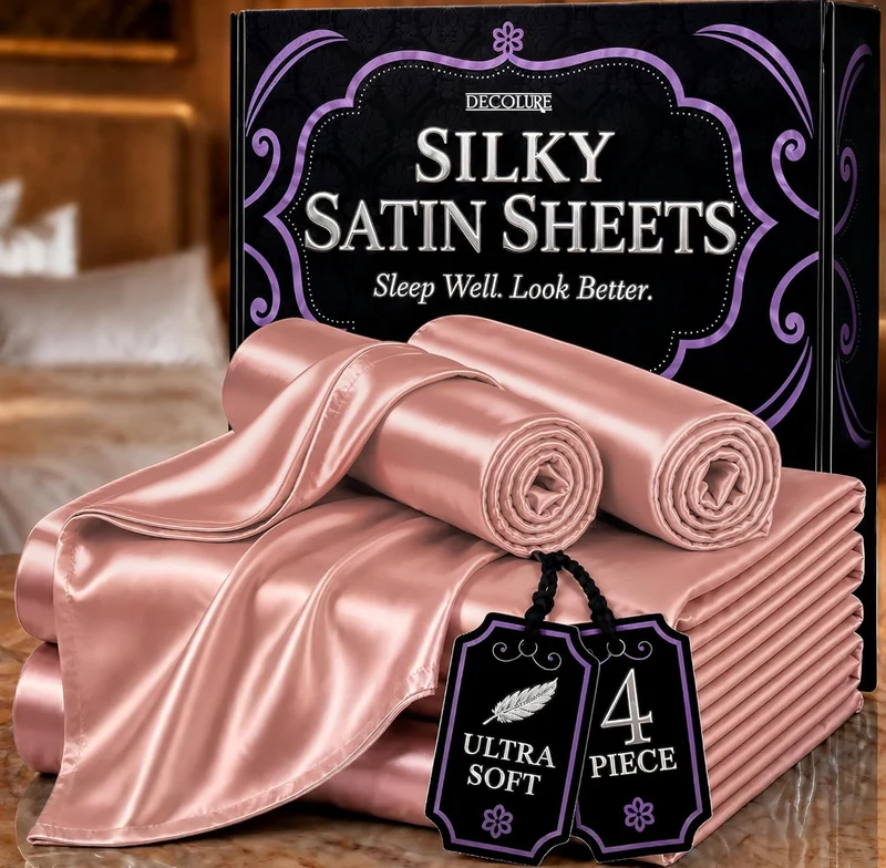 4PCS Luxury Silky Queen Size Bedding Set - Softer Than Silk, Wrinkle-Free with 15” Deep Pocket Fitted Sheet - (Blush Pink)
