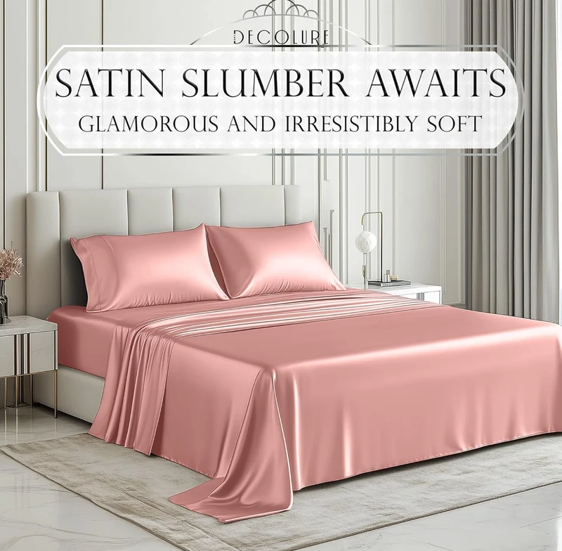 4PCS Luxury Silky Queen Size Bedding Set - Softer Than Silk, Wrinkle-Free with 15” Deep Pocket Fitted Sheet - (Blush Pink)