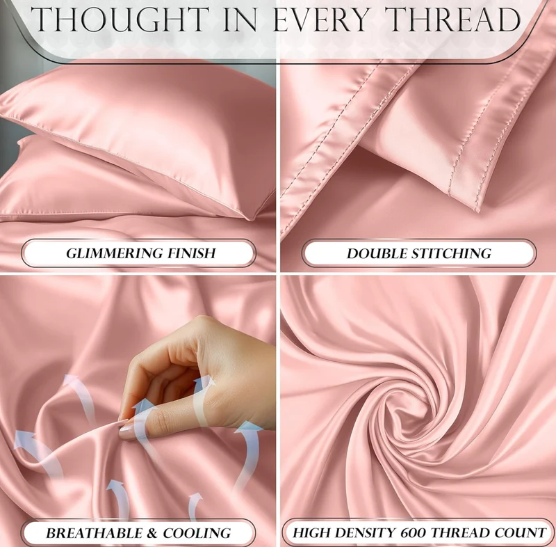 4PCS Luxury Silky Queen Size Bedding Set - Softer Than Silk, Wrinkle-Free with 15” Deep Pocket Fitted Sheet - (Blush Pink)