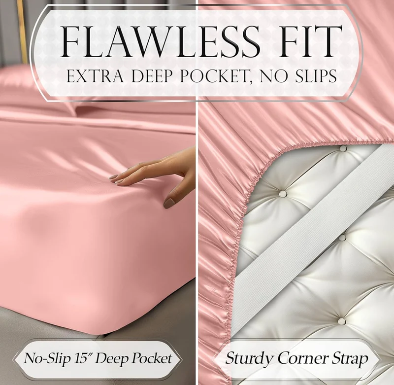 4PCS Luxury Silky Queen Size Bedding Set - Softer Than Silk, Wrinkle-Free with 15” Deep Pocket Fitted Sheet - (Blush Pink)