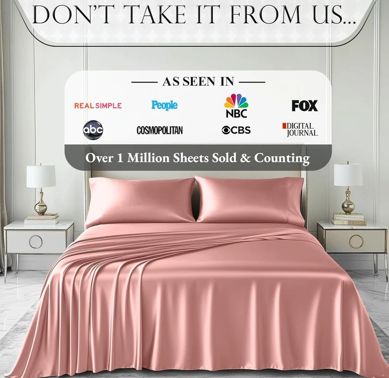 4PCS Luxury Silky Queen Size Bedding Set - Softer Than Silk, Wrinkle-Free with 15” Deep Pocket Fitted Sheet - (Blush Pink)