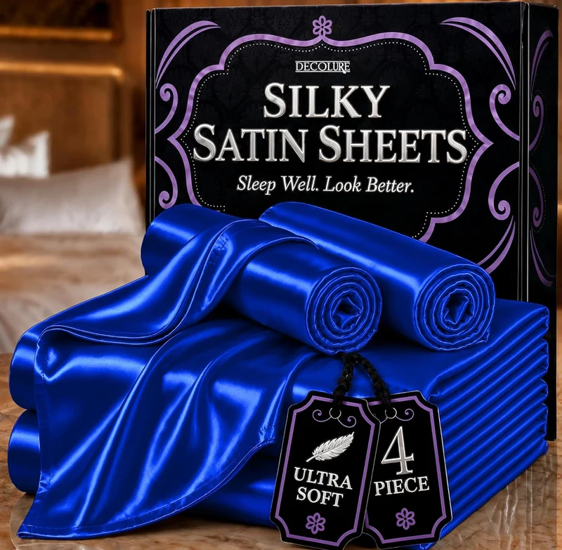 4PCS Luxury Silky Queen Size Bedding Set - Softer Than Silk, Wrinkle-Free with 15” Deep Pocket Fitted Sheet - (Blue)