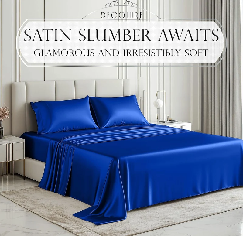 4PCS Luxury Silky Queen Size Bedding Set - Softer Than Silk, Wrinkle-Free with 15” Deep Pocket Fitted Sheet - (Blue)