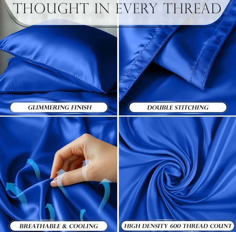 4PCS Luxury Silky Queen Size Bedding Set - Softer Than Silk, Wrinkle-Free with 15” Deep Pocket Fitted Sheet - (Blue)