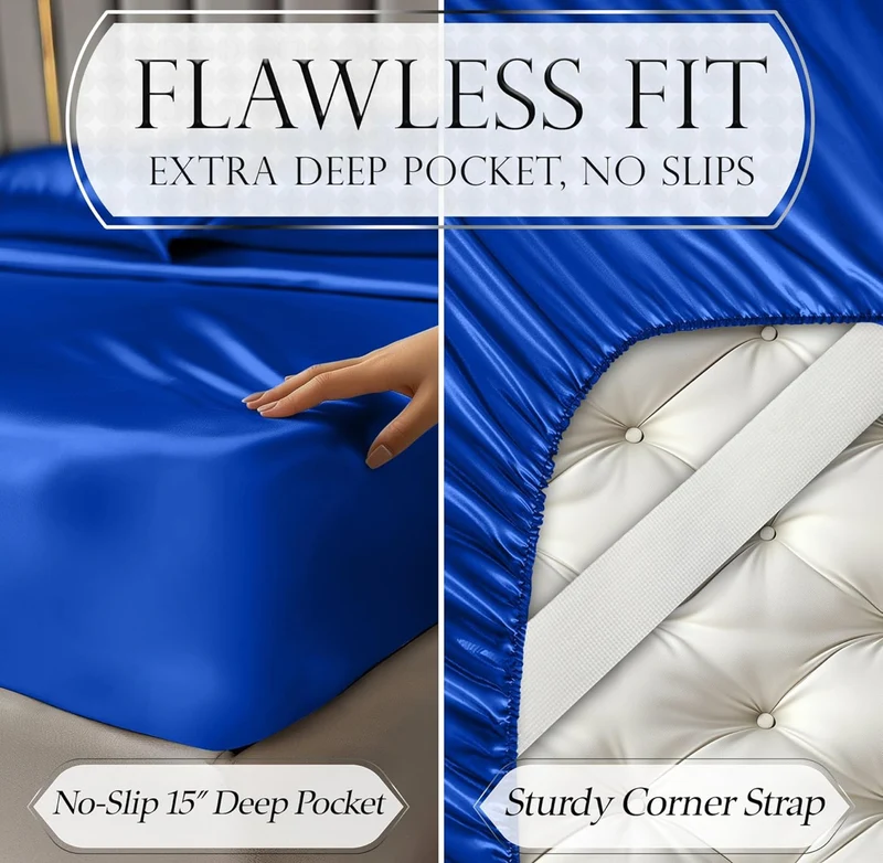 4PCS Luxury Silky Queen Size Bedding Set - Softer Than Silk, Wrinkle-Free with 15” Deep Pocket Fitted Sheet - (Blue)