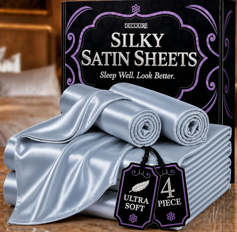 4PCS Luxury Silky Queen Size Bedding Set - Softer Than Silk, Wrinkle-Free with 15” Deep Pocket Fitted Sheet - (Baby Blue)