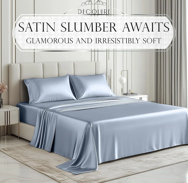 4PCS Luxury Silky Queen Size Bedding Set - Softer Than Silk, Wrinkle-Free with 15” Deep Pocket Fitted Sheet - (Baby Blue)