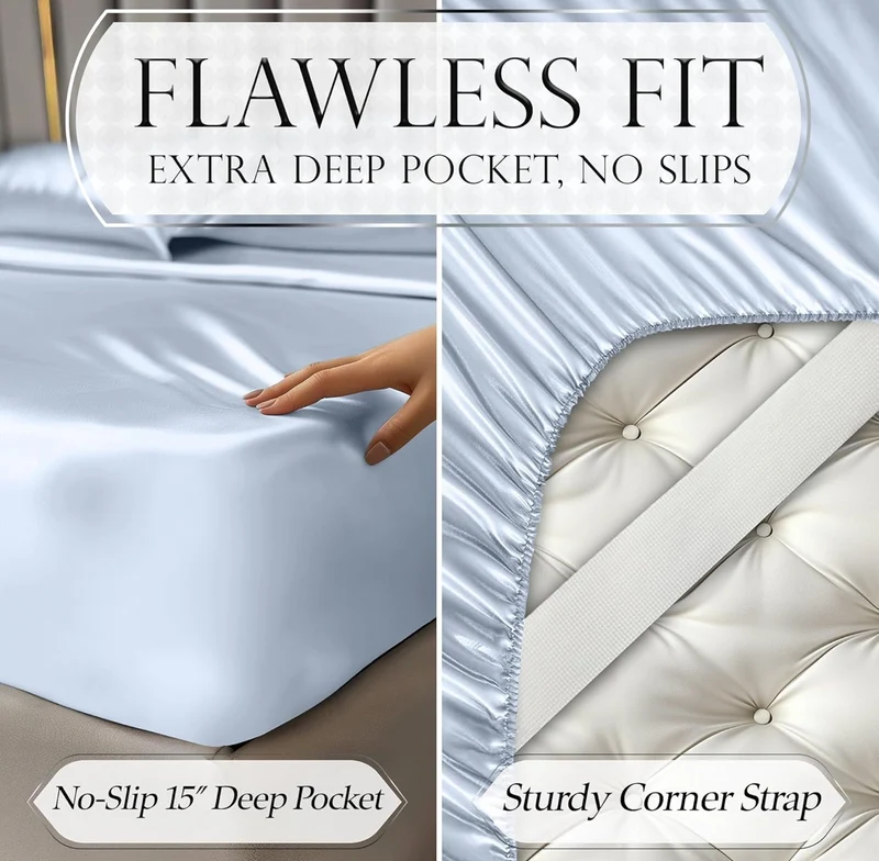 4PCS Luxury Silky Queen Size Bedding Set - Softer Than Silk, Wrinkle-Free with 15” Deep Pocket Fitted Sheet - (Baby Blue)