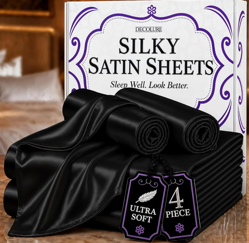 4PCS Luxury Silky Queen Size Bedding Set - Softer Than Silk, Wrinkle-Free with 15” Deep Pocket Fitted Sheet - (Black)
