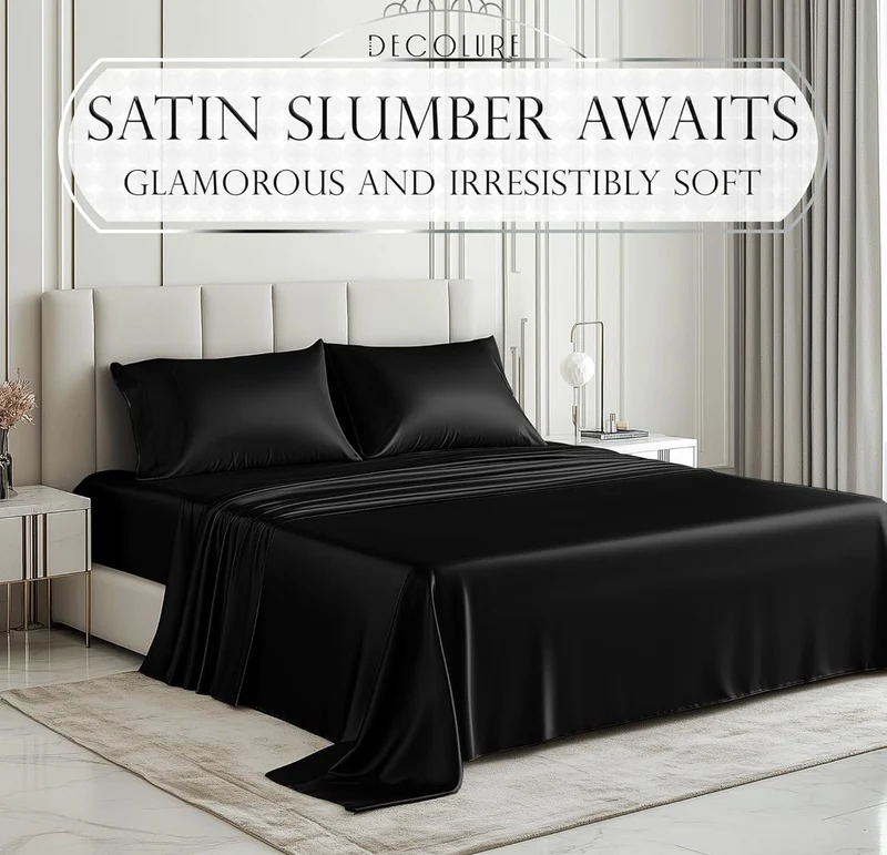 4PCS Luxury Silky Queen Size Bedding Set - Softer Than Silk, Wrinkle-Free with 15” Deep Pocket Fitted Sheet - (Black)