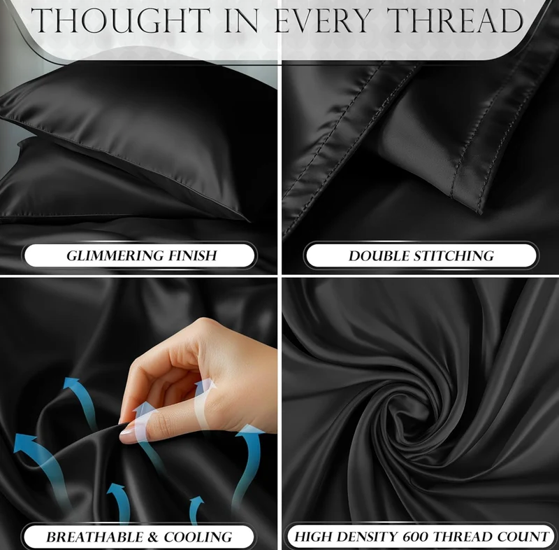 4PCS Luxury Silky Queen Size Bedding Set - Softer Than Silk, Wrinkle-Free with 15” Deep Pocket Fitted Sheet - (Black)