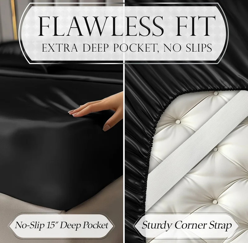 4PCS Luxury Silky Queen Size Bedding Set - Softer Than Silk, Wrinkle-Free with 15” Deep Pocket Fitted Sheet - (Black)