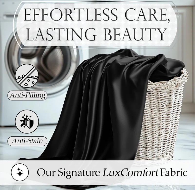 4PCS Luxury Silky Queen Size Bedding Set - Softer Than Silk, Wrinkle-Free with 15” Deep Pocket Fitted Sheet - (Black)