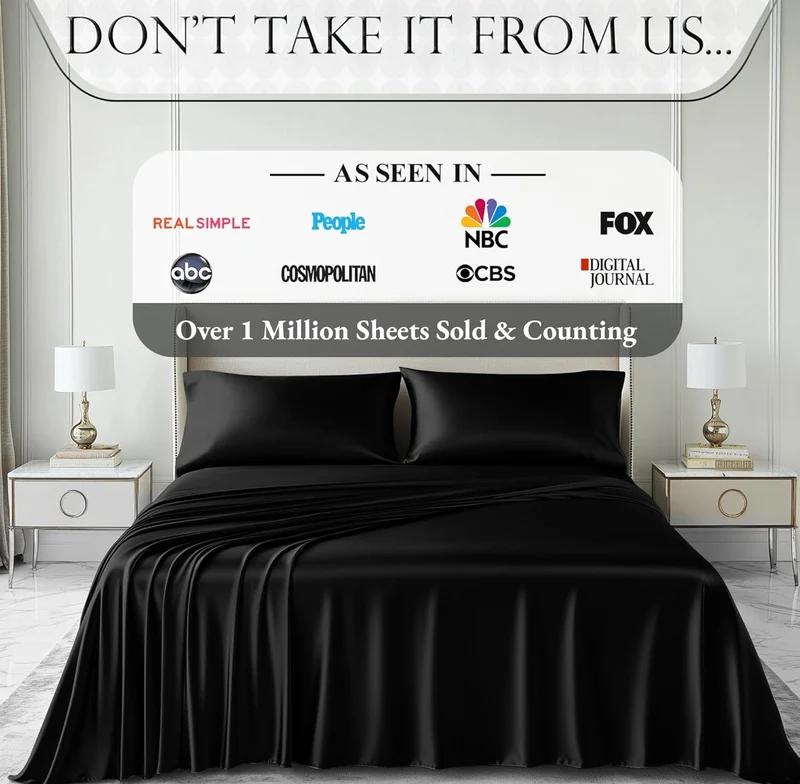 4PCS Luxury Silky Queen Size Bedding Set - Softer Than Silk, Wrinkle-Free with 15” Deep Pocket Fitted Sheet - (Black)
