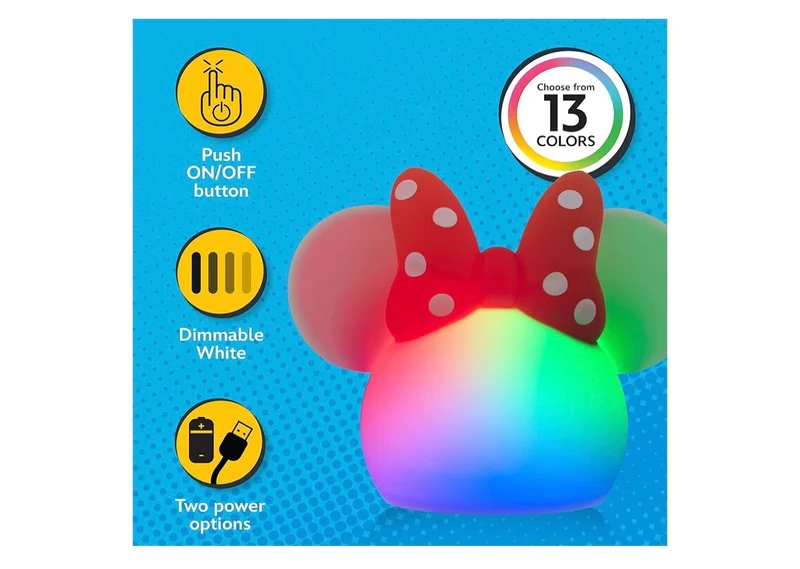 Minnie Mouse Squishy Color Changing, Night Light for Kids, USB Lamp, Battery Operated, Dimmable