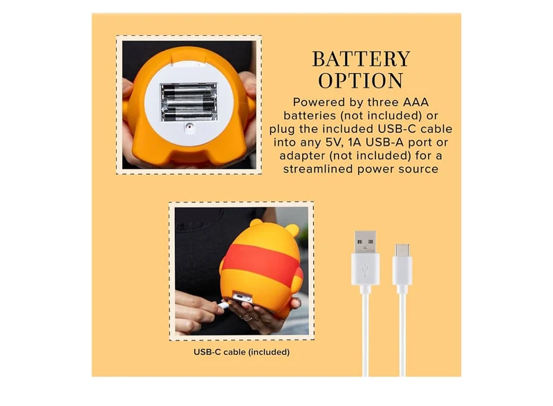 Winnie the Pooh Squishy Night Light for Kids, USB Lamp, Battery Operated, Dimmable