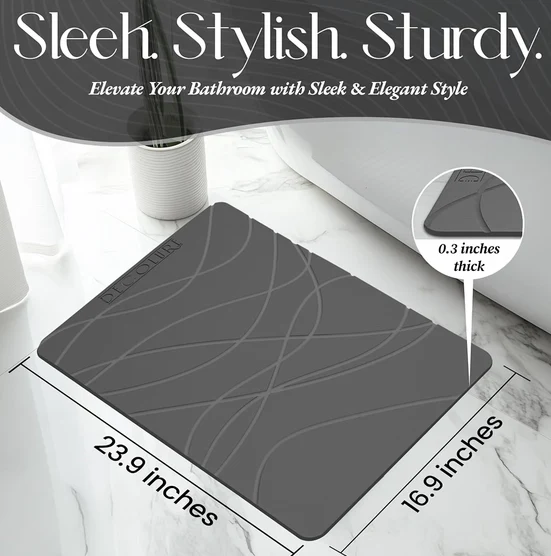 Stone Bath Mat, Quick Dry & Non-Slip Diatomaceous Earth Shower Mat for Bathroom, Luxurious & Easy to Clean - (Standard, Grey)