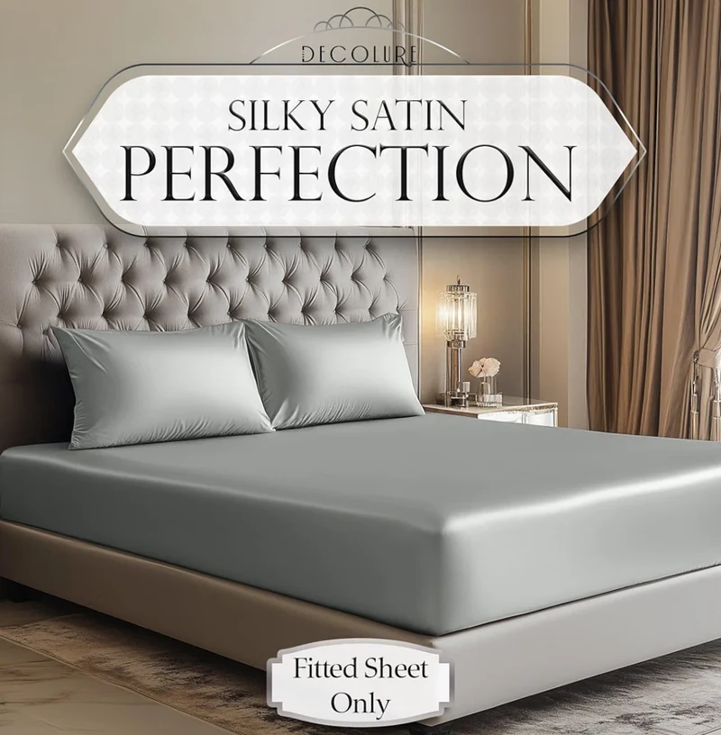 Satin Fitted Sheet Queen Size (1 PC) – Luxuriously Smooth & Softer Than Silk Bed Sheets w/ 15 Inch Deep Pocket Hypoallergenic Wrinkle Free, Secure Snug Fit, Elastic Corner Straps (Grey)
