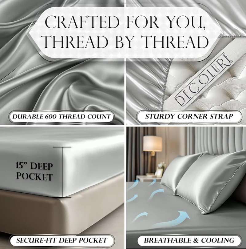 Satin Fitted Sheet Queen Size (1 PC) – Luxuriously Smooth & Softer Than Silk Bed Sheets w/ 15 Inch Deep Pocket Hypoallergenic Wrinkle Free, Secure Snug Fit, Elastic Corner Straps (Grey)