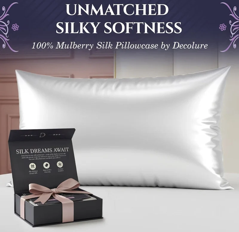 100% Pure Mulberry Silk Pillow Case Standard Size – Highest Grade, Luxuriously Soft & Cooling Silk Pillowcase for Hair & Skin, Hypoallergenic, Breathable - (White)