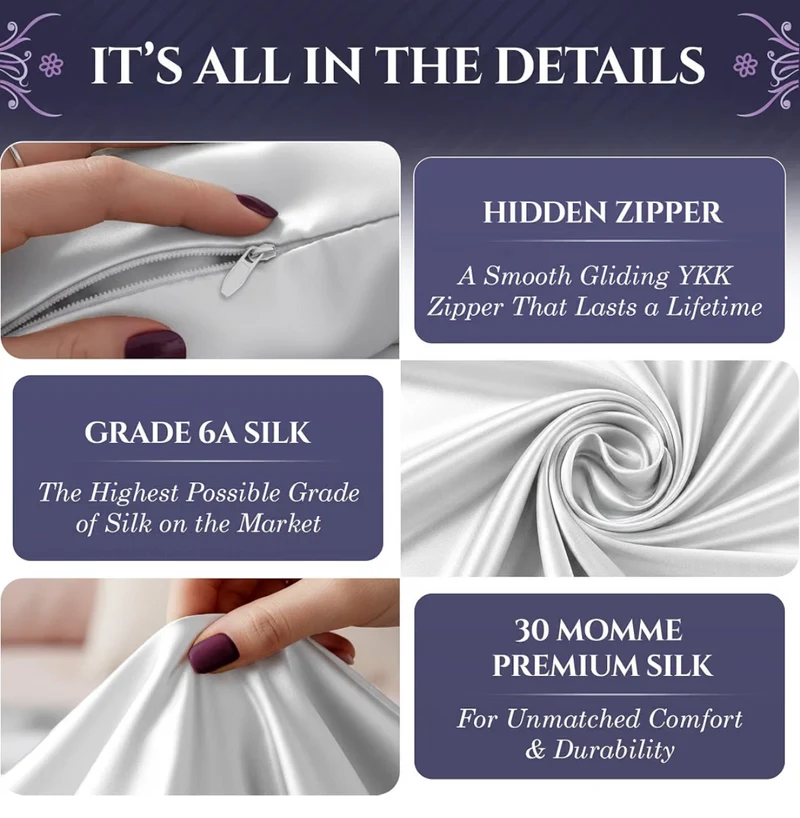 100% Pure Mulberry Silk Pillow Case Standard Size – Highest Grade, Luxuriously Soft & Cooling Silk Pillowcase for Hair & Skin, Hypoallergenic, Breathable - (White)