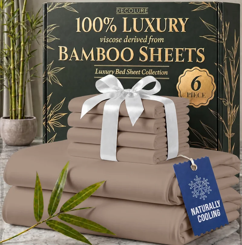 100% Viscose Derived from Bamboo Sheets King Size - Luxury 6 Pc Naturally Cooling Sheets, Ultra Soft Bed Set - Deep 17" Pockets, Durable Double Stitching - (Taupe)