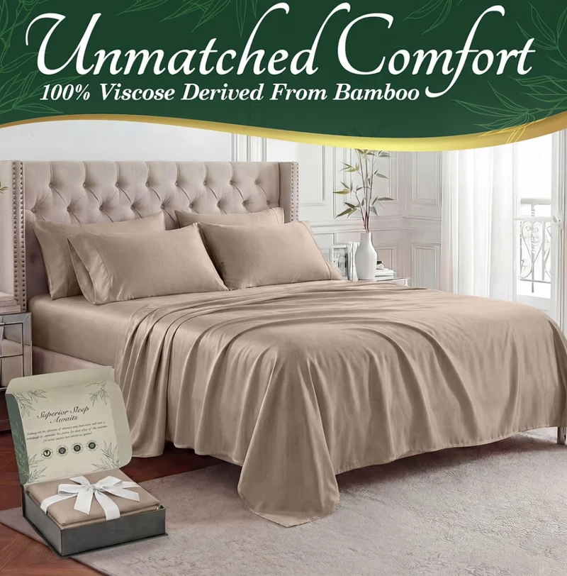 100% Viscose Derived from Bamboo Sheets King Size - Luxury 6 Pc Naturally Cooling Sheets, Ultra Soft Bed Set - Deep 17" Pockets, Durable Double Stitching - (Taupe)
