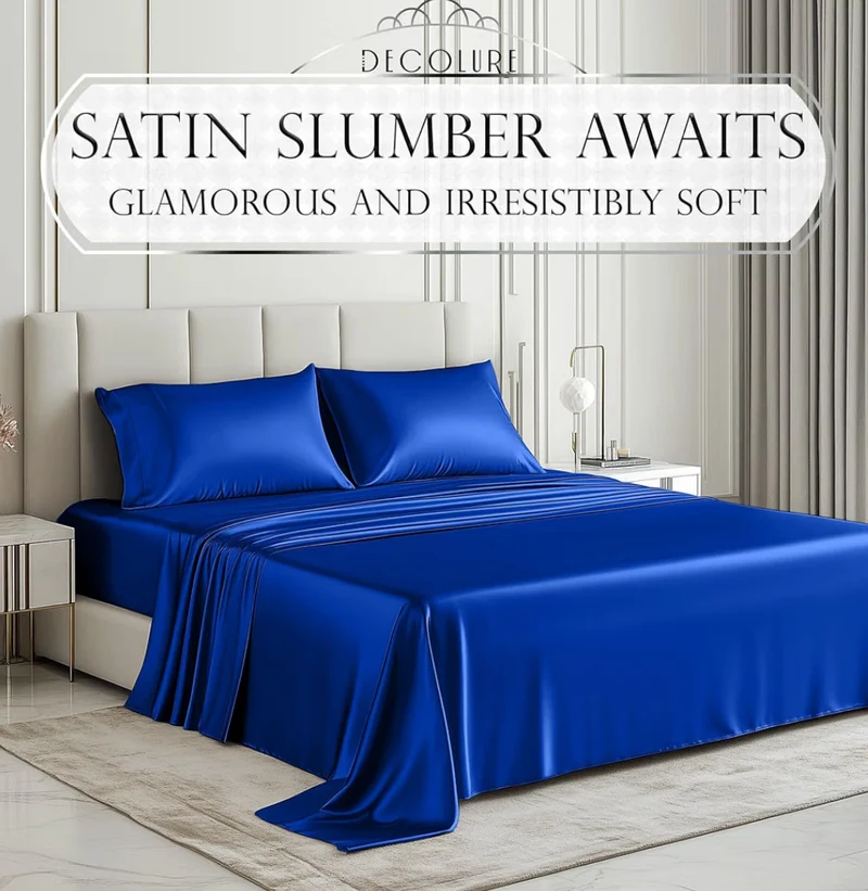 Satin Bed Sheets - 4 Piece Luxury Silky Twin Size Bedding Set - Softer Than Silk, Wrinkle-Free with 15” Deep Pocket Fitted Sheet - (Blue)