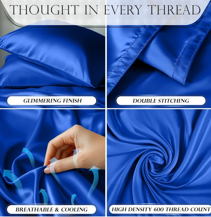 Satin Bed Sheets - 4 Piece Luxury Silky Twin Size Bedding Set - Softer Than Silk, Wrinkle-Free with 15” Deep Pocket Fitted Sheet - (Blue)