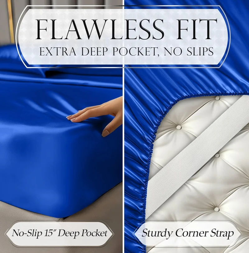 Satin Bed Sheets - 4 Piece Luxury Silky Twin Size Bedding Set - Softer Than Silk, Wrinkle-Free with 15” Deep Pocket Fitted Sheet - (Blue)