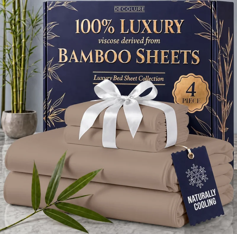 100% Viscose Derived from Bamboo Sheets King Size - Luxury 4 Pc Naturally Cooling Sheets, Ultra Soft Bed Set - Deep 17" Pockets, Durable Double Stitching - (Taupe)
