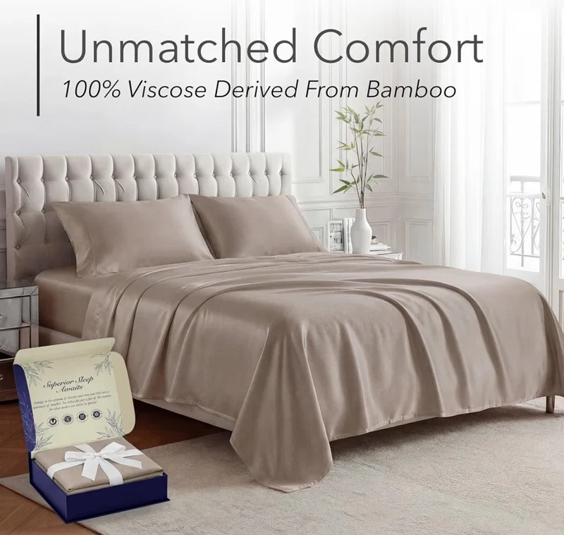 100% Viscose Derived from Bamboo Sheets King Size - Luxury 4 Pc Naturally Cooling Sheets, Ultra Soft Bed Set - Deep 17" Pockets, Durable Double Stitching - (Taupe)