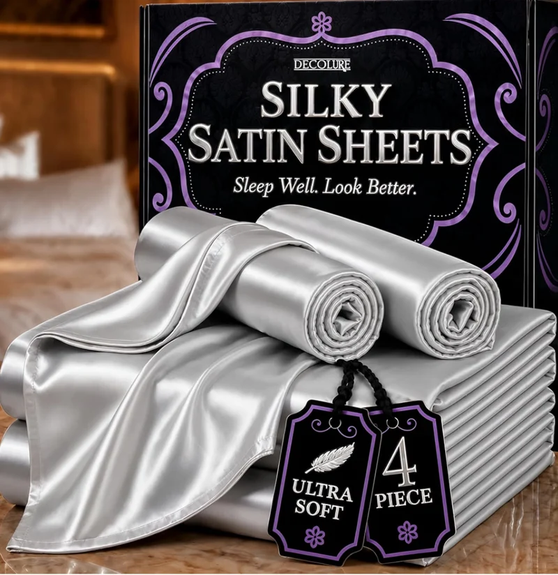 Satin Bed Sheets - 4 Piece Luxury Silky Queen Size Bedding Set - Softer Than Silk, Wrinkle-Free with 15” Deep Pocket Fitted Sheet - (Grey)