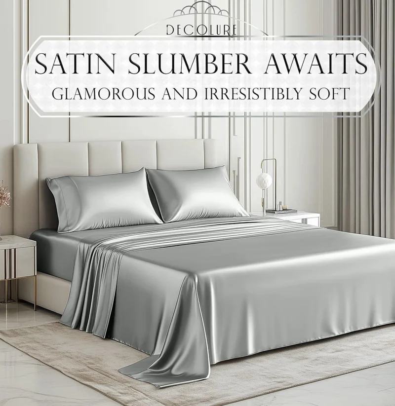 Satin Bed Sheets - 4 Piece Luxury Silky Queen Size Bedding Set - Softer Than Silk, Wrinkle-Free with 15” Deep Pocket Fitted Sheet - (Grey)