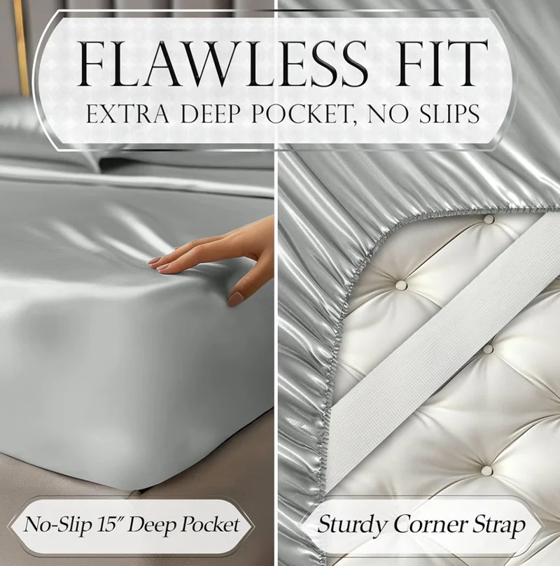 Satin Bed Sheets - 4 Piece Luxury Silky Queen Size Bedding Set - Softer Than Silk, Wrinkle-Free with 15” Deep Pocket Fitted Sheet - (Grey)