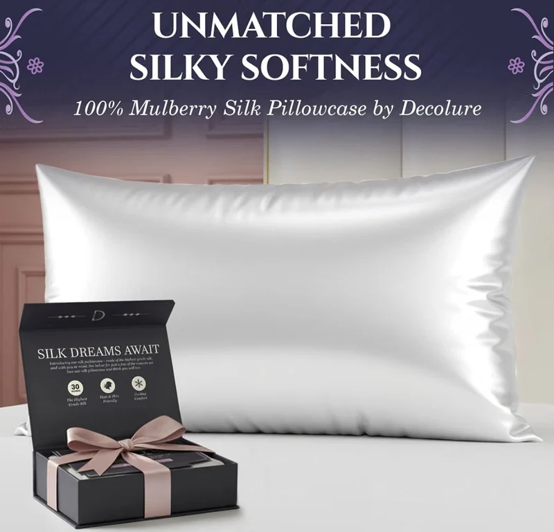 100% Pure Mulberry Silk Pillow Case Standard Size – Highest Grade 30 Momme 6A+, Luxuriously Soft & Cooling Silk Pillowcase, Hypoallergenic, Breathable, Hidden Zipper - (White)