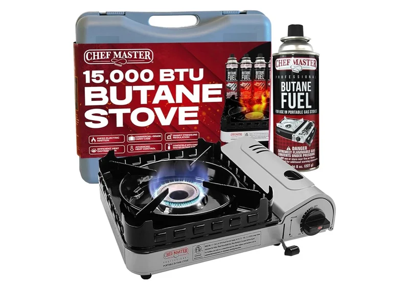 Butane Portable Camp Stove 15,000 BTU | Double Wind-Guard Portable Stove Burner w/ Click Ignition