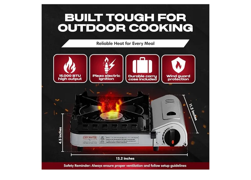 Butane Portable Camp Stove 15,000 BTU | Double Wind-Guard Portable Stove Burner w/ Click Ignition