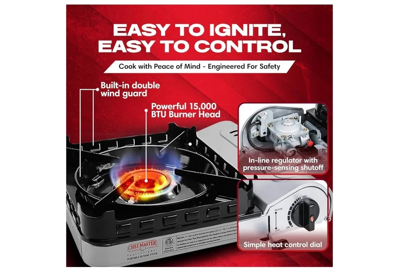 Butane Portable Camp Stove 15,000 BTU | Double Wind-Guard Portable Stove Burner w/ Click Ignition