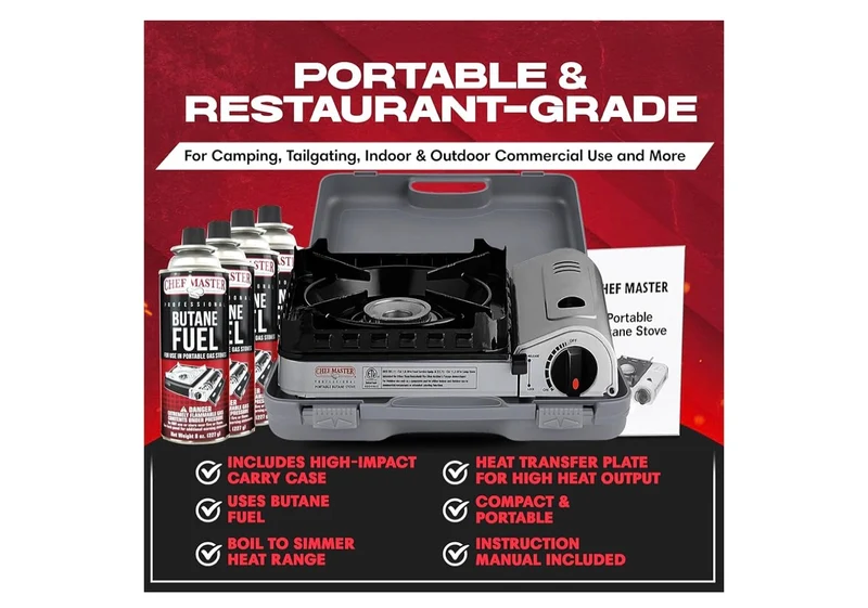 Butane Portable Camp Stove 15,000 BTU | Double Wind-Guard Portable Stove Burner w/ Click Ignition