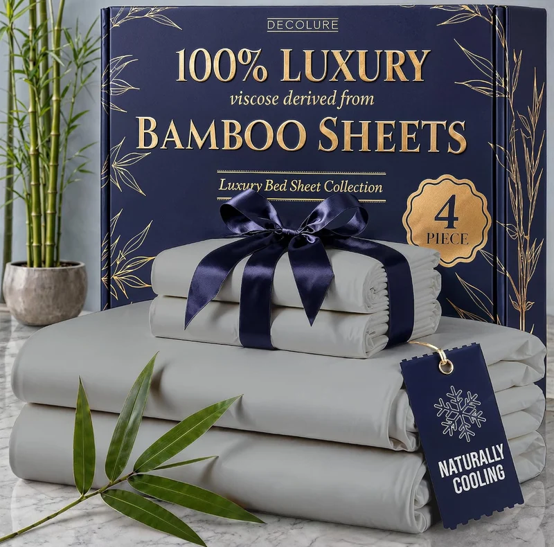 100% Viscose Derived from Bamboo Sheets King Size - Luxury 4 Pc Naturally Cooling Sheets, Ultra Soft Bed Set - Deep 17" Pockets, Durable Double Stitching, Oeko Tex Standard - (Light Grey)