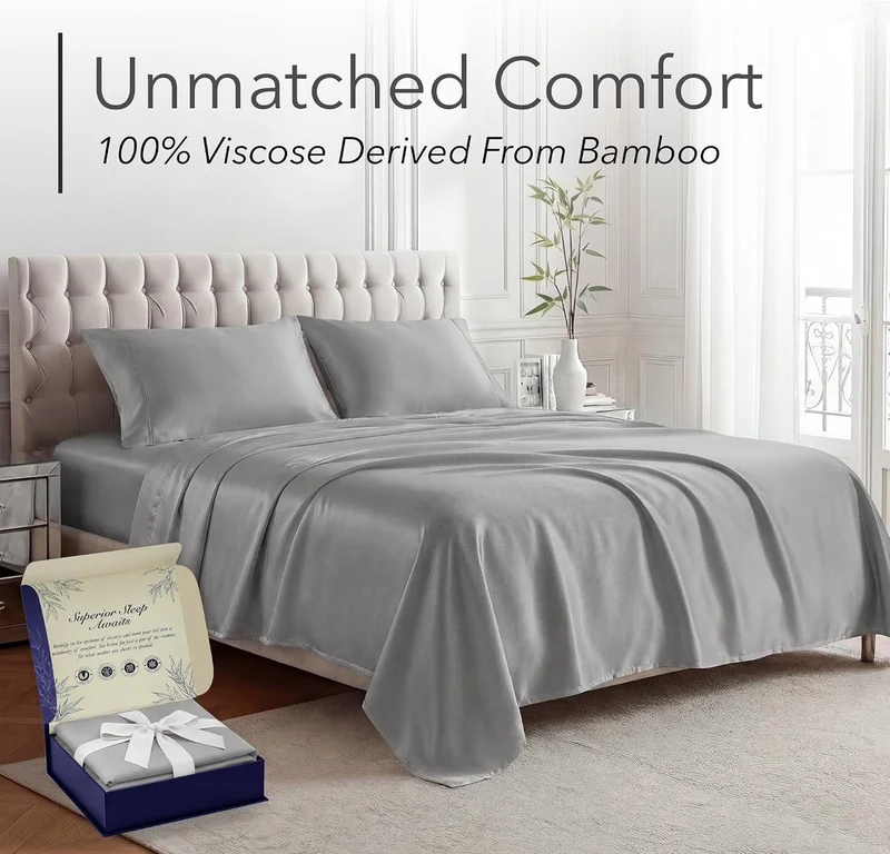 100% Viscose Derived from Bamboo Sheets King Size - Luxury 4 Pc Naturally Cooling Sheets, Ultra Soft Bed Set - Deep 17" Pockets, Durable Double Stitching, Oeko Tex Standard - (Light Grey)