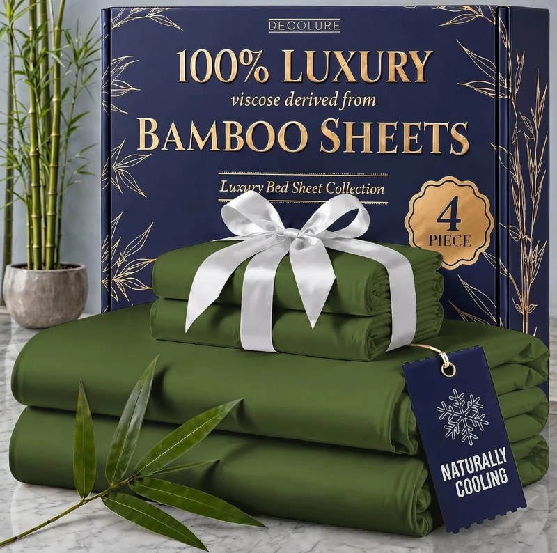 100% Viscose Derived from Bamboo Sheets King Size - Luxury 4 Pc Naturally Cooling Sheets, Ultra Soft Bed Set - Deep 17" Pockets, Durable Double Stitching, Oeko Tex Standard - (Olive)