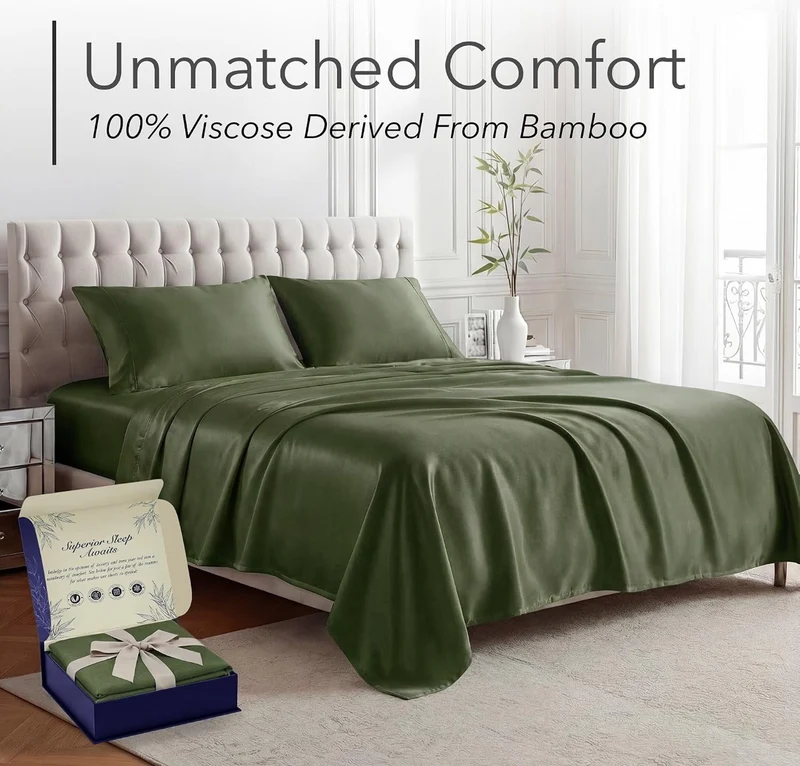 100% Viscose Derived from Bamboo Sheets King Size - Luxury 4 Pc Naturally Cooling Sheets, Ultra Soft Bed Set - Deep 17" Pockets, Durable Double Stitching, Oeko Tex Standard - (Olive)
