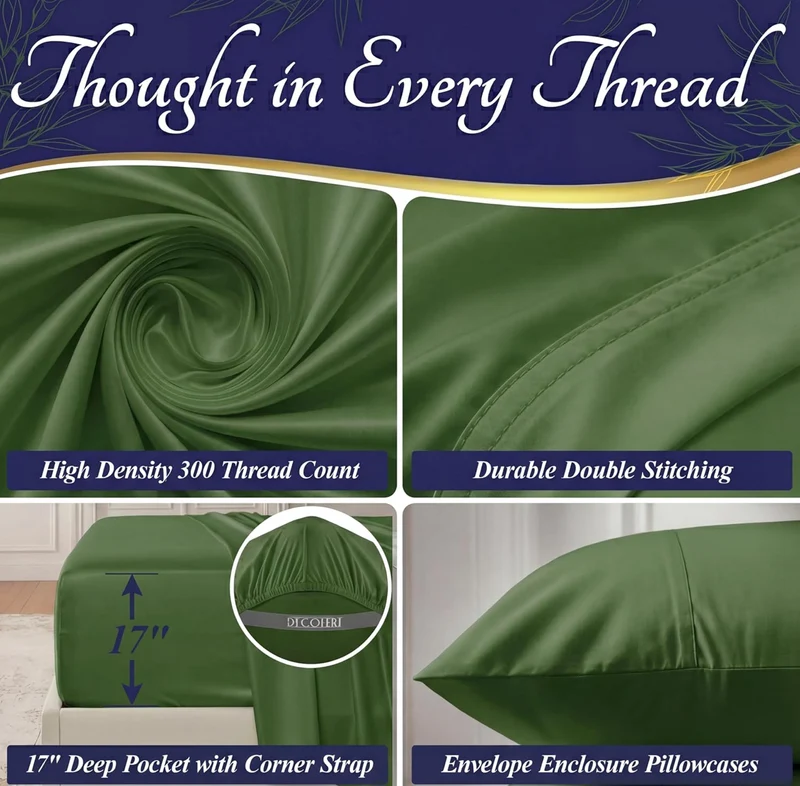 100% Viscose Derived from Bamboo Sheets King Size - Luxury 4 Pc Naturally Cooling Sheets, Ultra Soft Bed Set - Deep 17" Pockets, Durable Double Stitching, Oeko Tex Standard - (Olive)